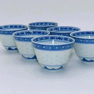 Chinese Tienshan Rice Blue Translucent Pattern Sake Cups Set 6 Vintage